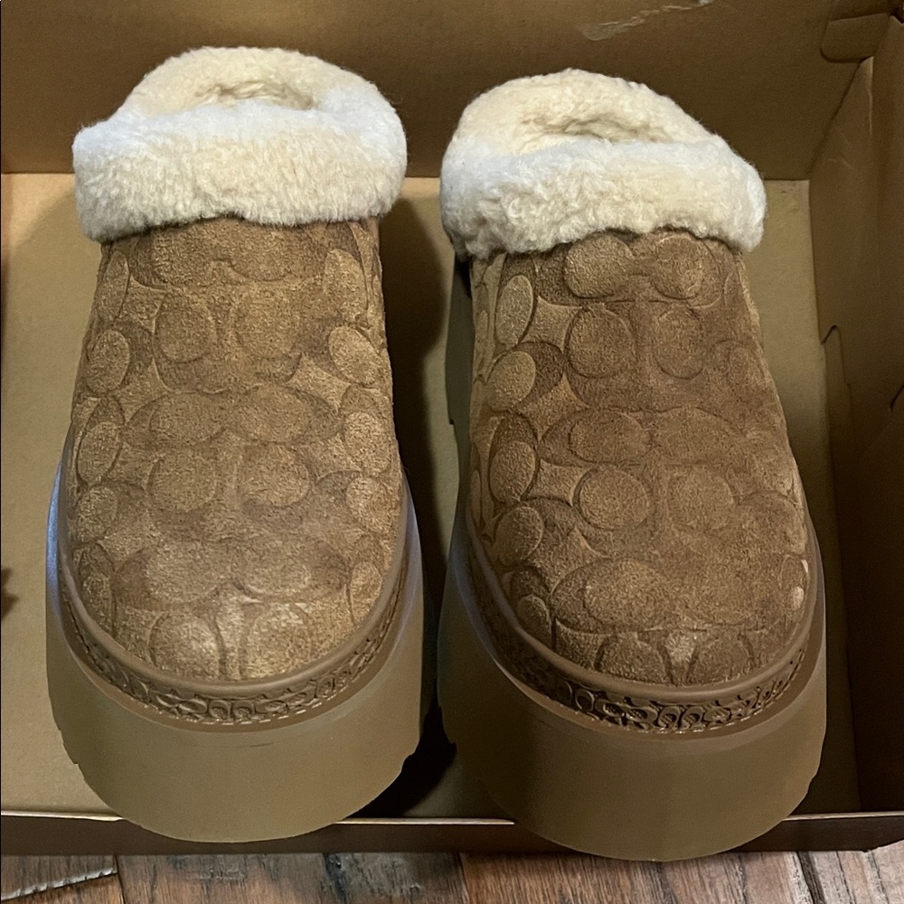 Coach Tan Shearling Slip-On Clogs